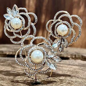 Rhinestone Pearl Floral Pins Crafts DIY Projects Party Supplies 3 Count